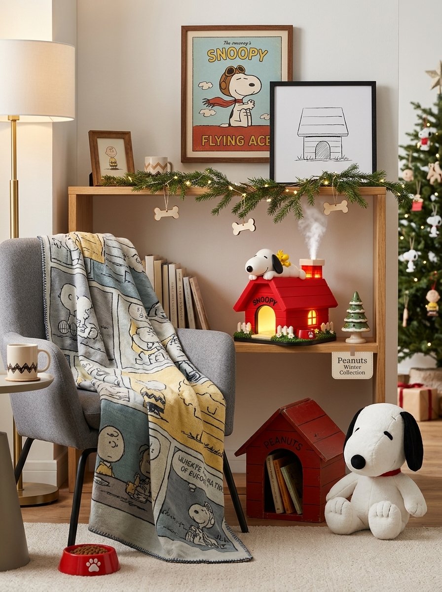 Peanut Mist humidifier on a cozy holiday bookshelf